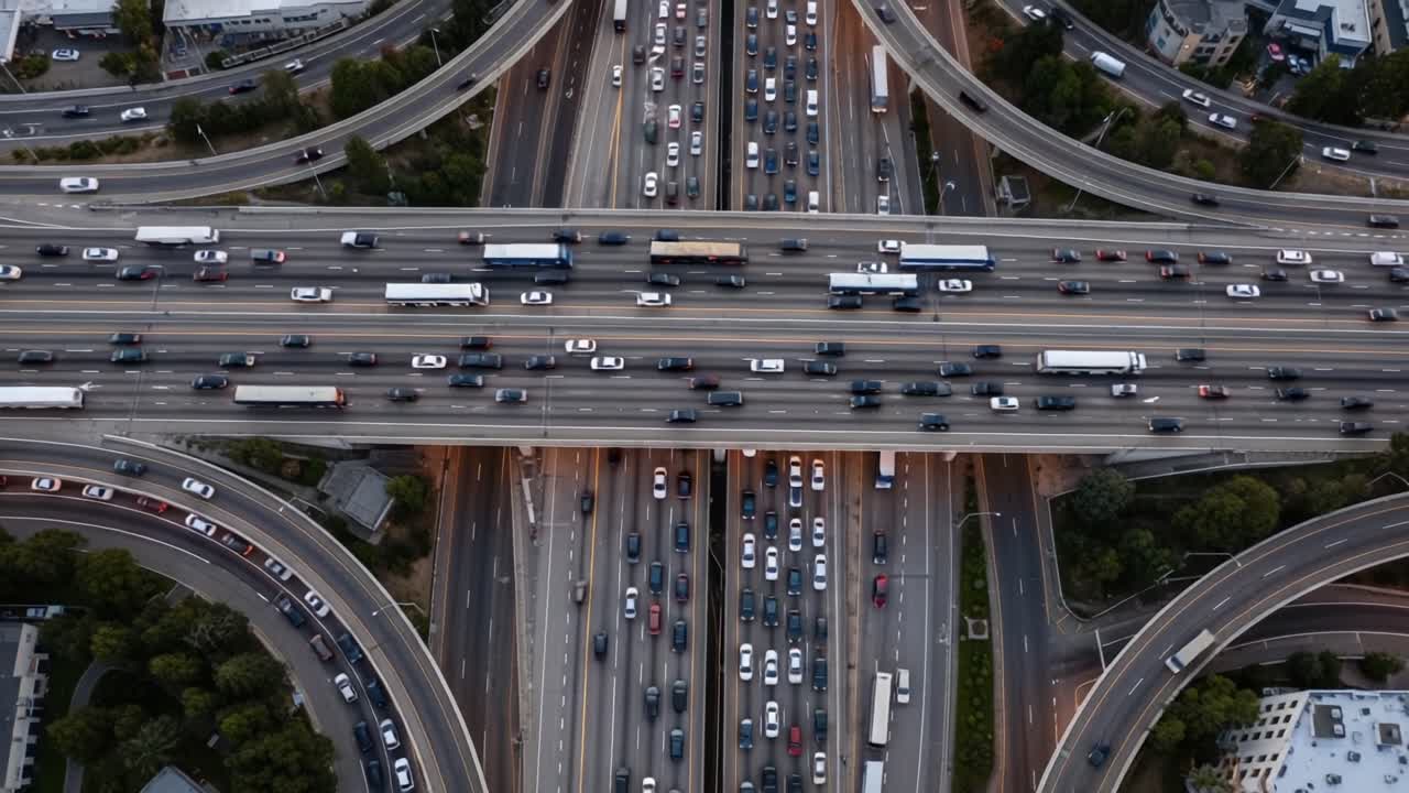 Aerial View of a Busy Urban Highway Intersection with Heavy Traffic Flowing in Multiple Directions, Highlighting the Complex Network of Roads and Vehicles Below