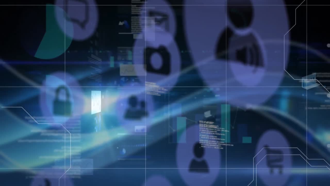 animación de iconos tecnológicos con datos de información flotantes y gráficos sobre una cuadrícula