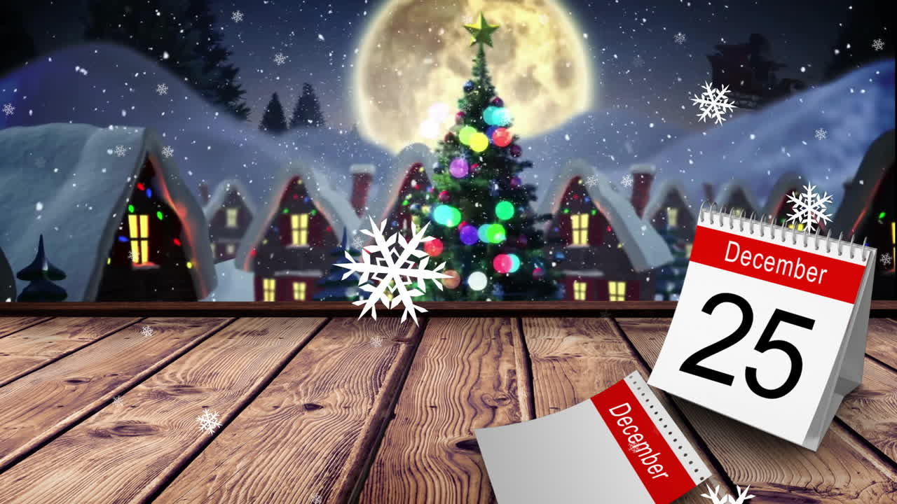 animación de la página del calendario del 25 de diciembre sobre decoraciones navideñas en paisajes de invierno