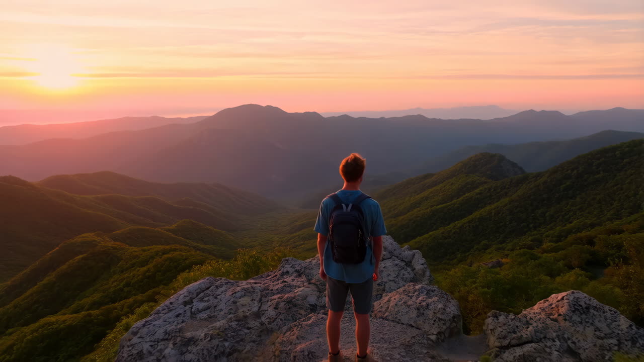 Man with backpack looking at mountain view at sunset