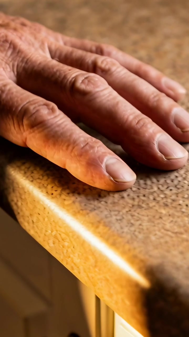 Vertical video: Contacting senior right hand pressing on kitchen counter for support with handle