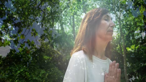 animation of trees over senior caucasian woman practicing yoga and meditating