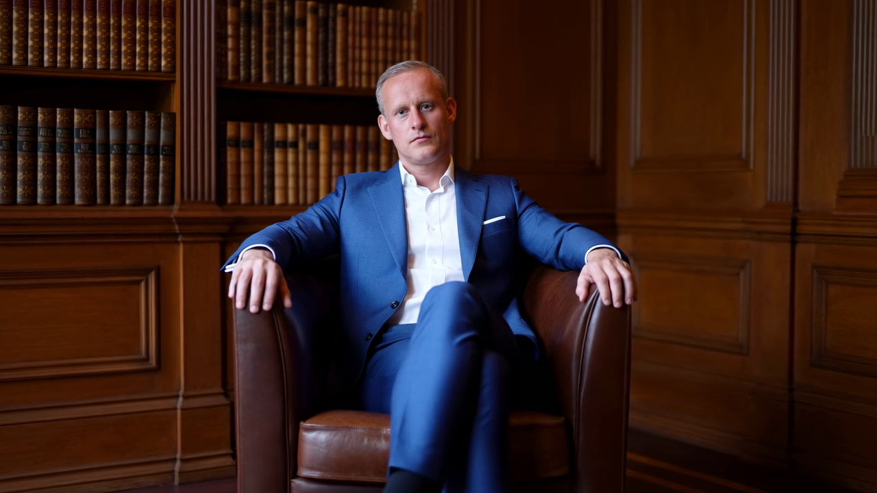 White Businessman In Blue Suit Seated In Leather Armchair Inside Mahogany Library, Bookshelves Behind, Calm