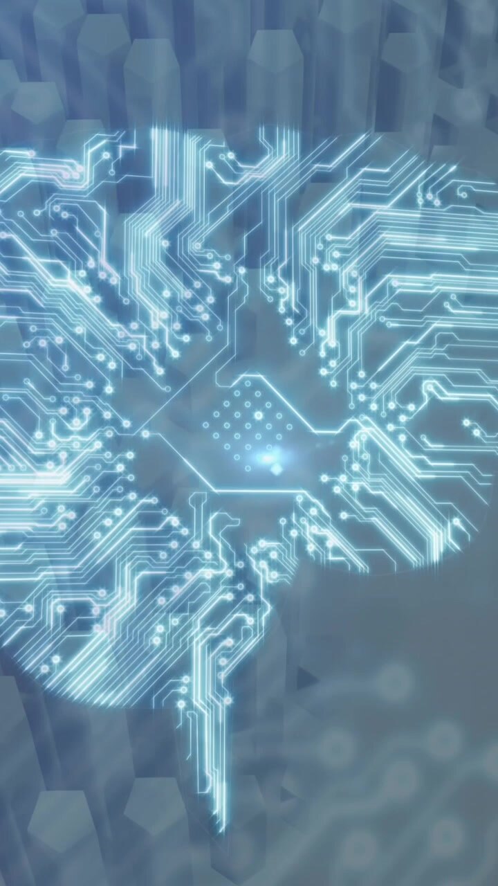 Animation of brain with computer circuit board over shapes on white background