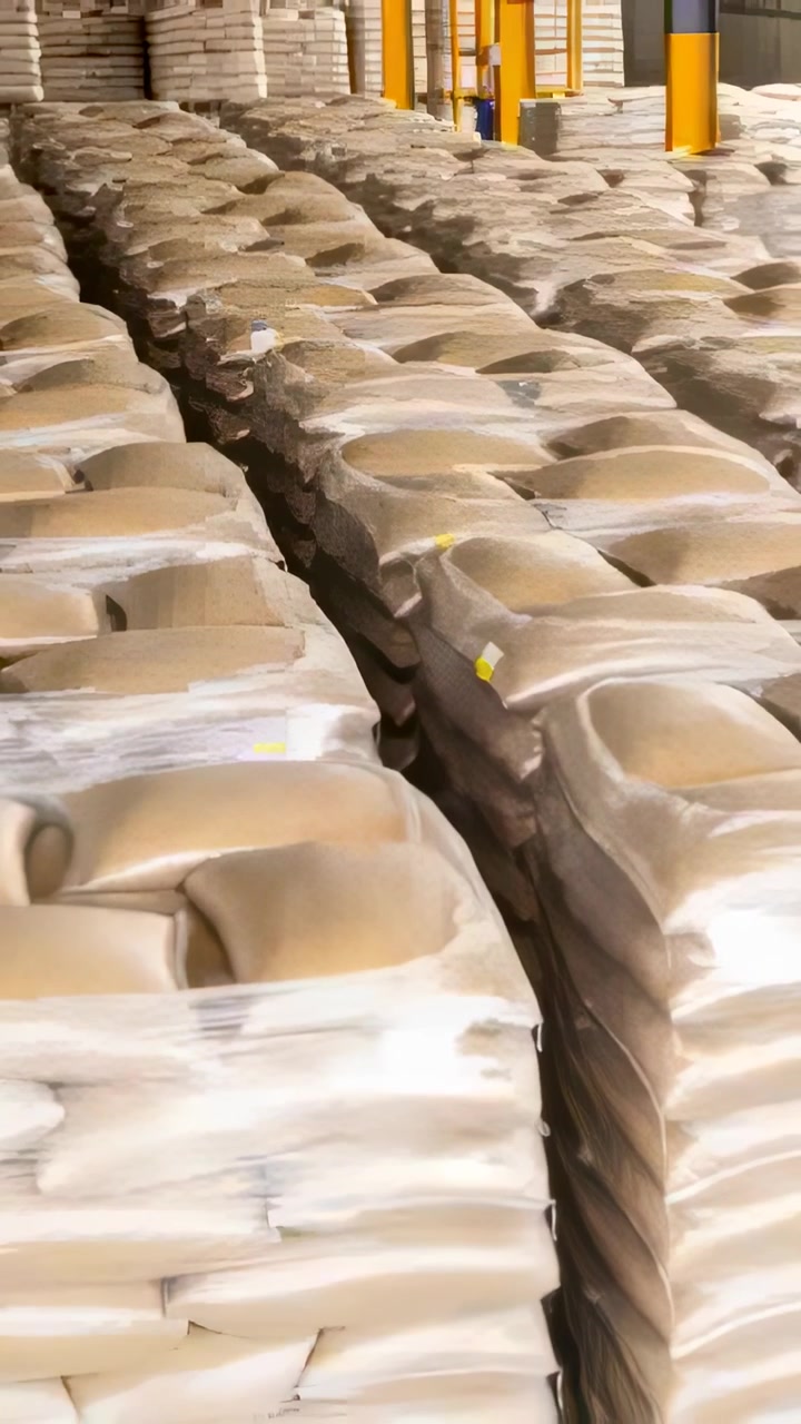 Vertical video: Panning camera revealing beige sacks wrapped on pallets in warehouse for audit