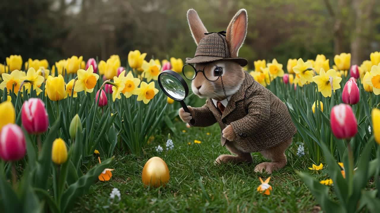 A Curious Rabbit in a Stylish Outfit Investigating a Colorful Garden Full of Flowers and Hidden Eggs with a Magnifying Glass on a Bright Spring Day