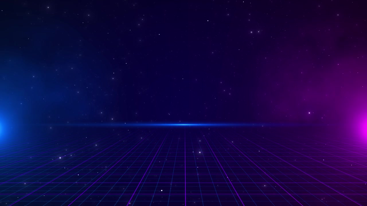 Retro digital grid horizon background purple floor lines blue side glow star field and neon future