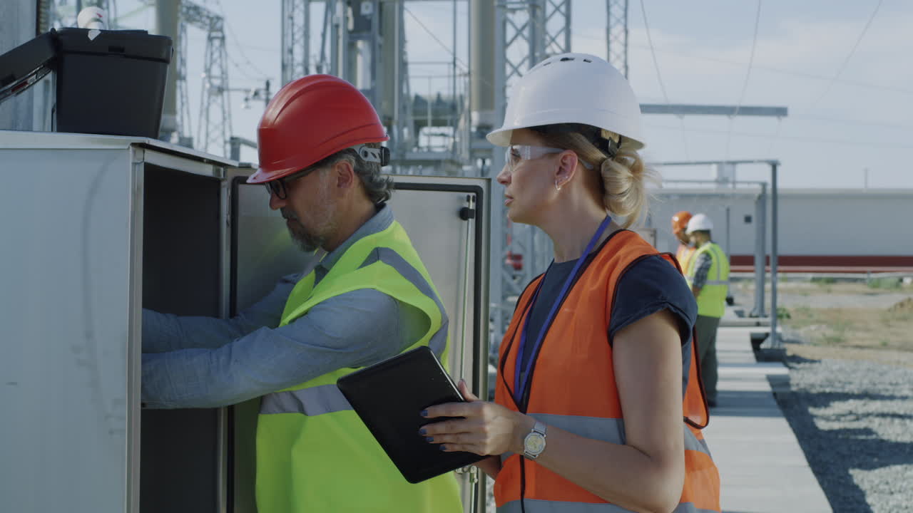 Electrical Engineers Inspecting Equipment at a Power Station