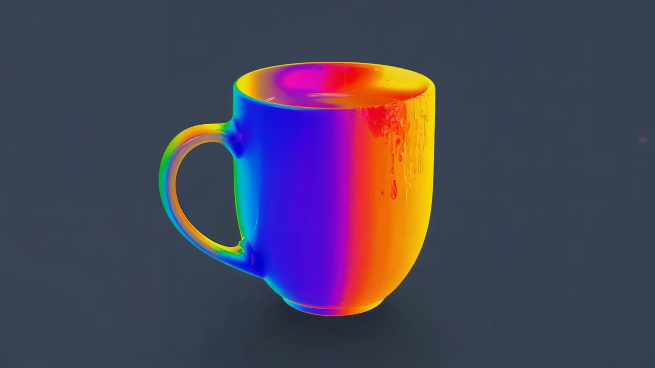 Pouring above, paint stream hitting rainbow mug, overflowing table, right drips making puddles