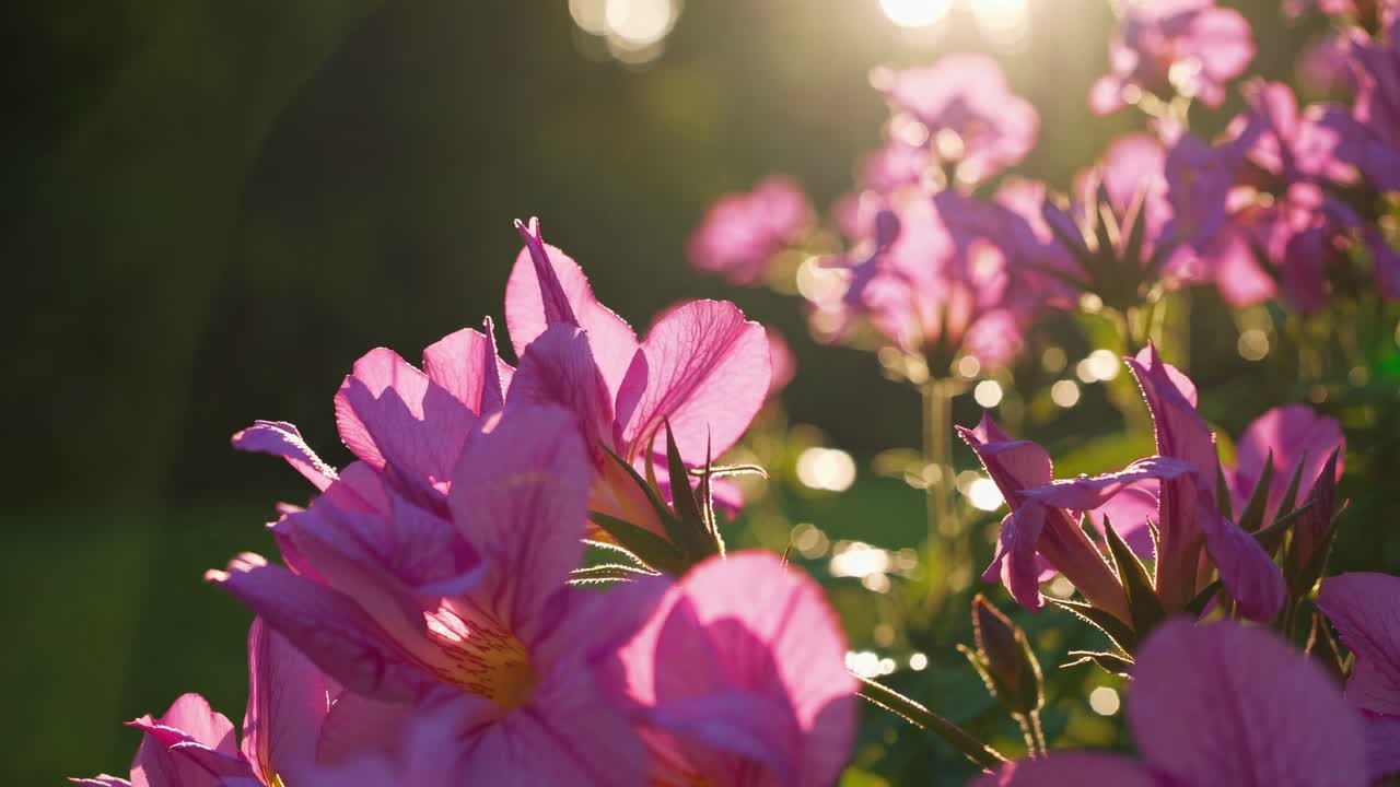 Primo piano, angolazione dal basso di fiori rosa alla luce del sole, per creare un'atmosfera video onirica e serena