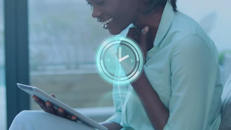 animation of scope scanning and clock over african american businesswoman using tablet