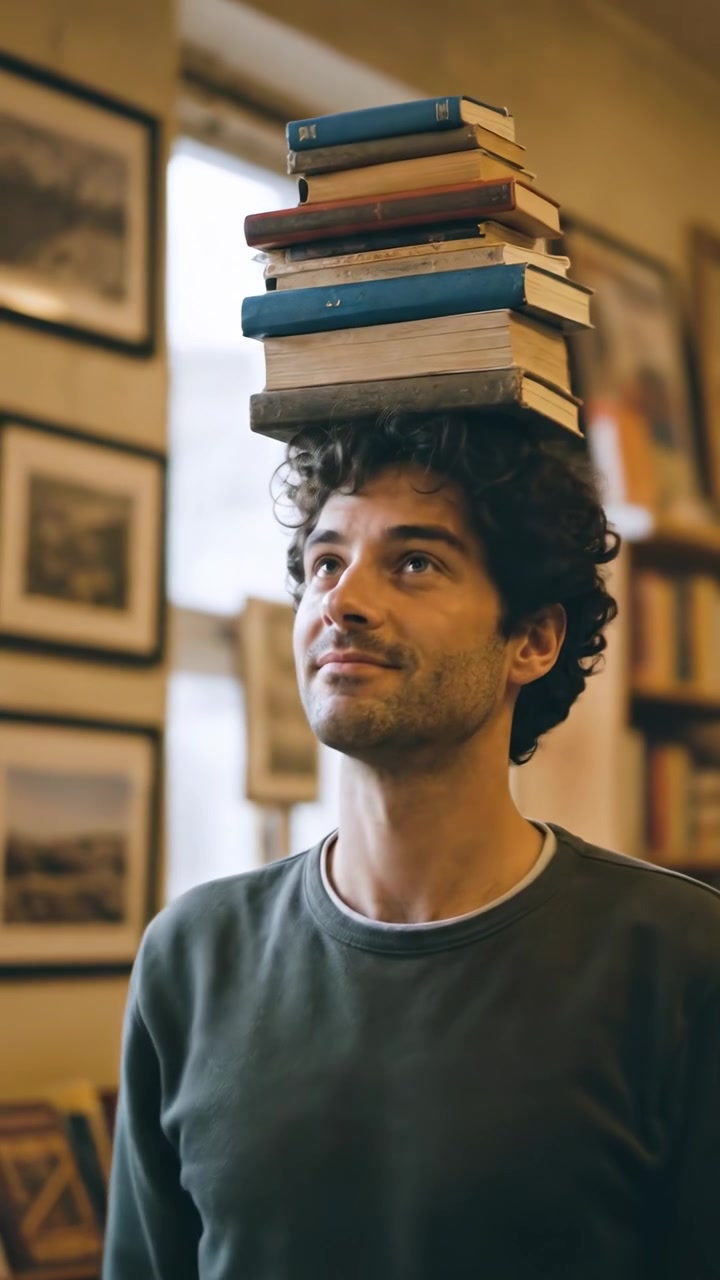 Young Man Balancing a Stack of Books on His Head