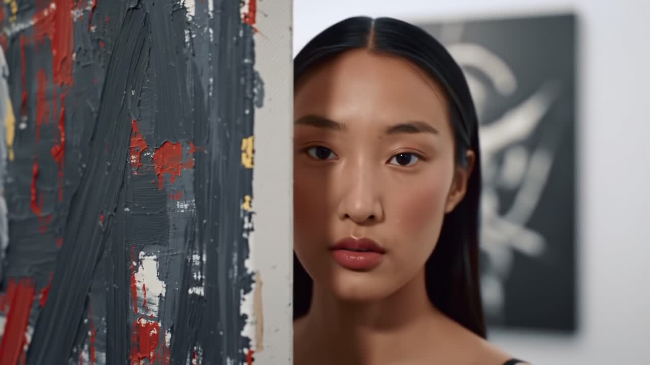 A captivating portrait of a young woman partially concealed behind an abstract painting, showcasing the intersection of art and identity in a contemporary gallery setting