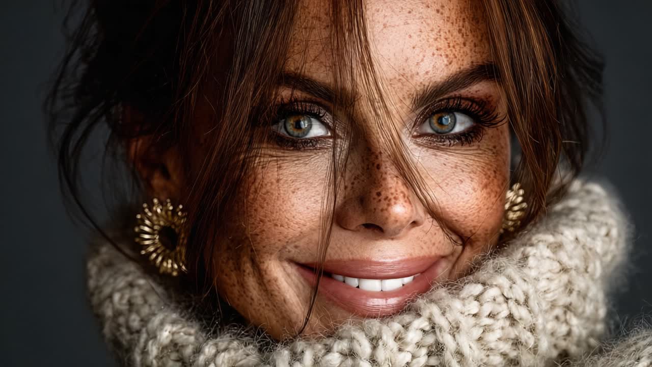 A Captivating Portrait of a Woman with Freckles Smiling Radiantly in a Cozy Knit Sweater, Exuding Confidence and Charm Through Expressive Eyes and Warm Lighting