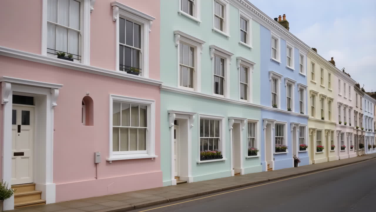 Charming row of colorful pastel terraced houses