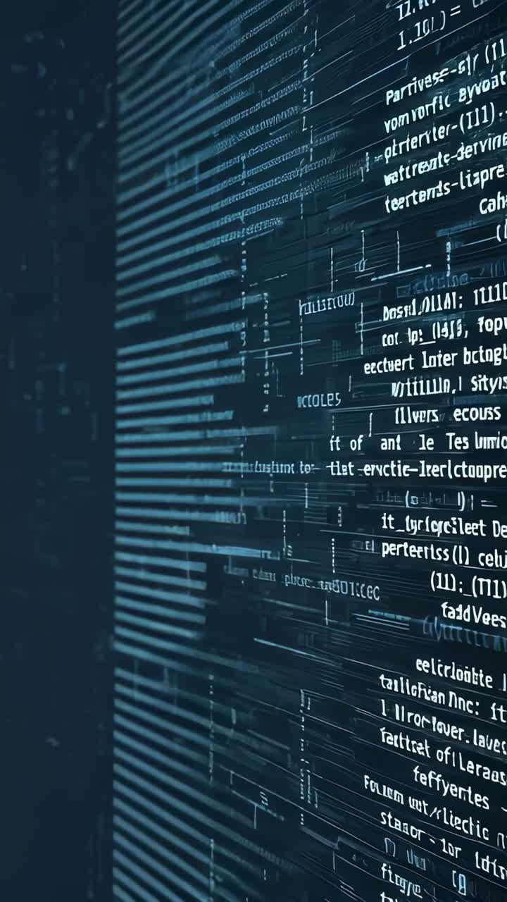 Vertical video: Code lines scrolling in virtual grid following sequence opening, with light bars