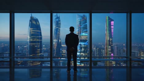 businessman looking at city skyline from office