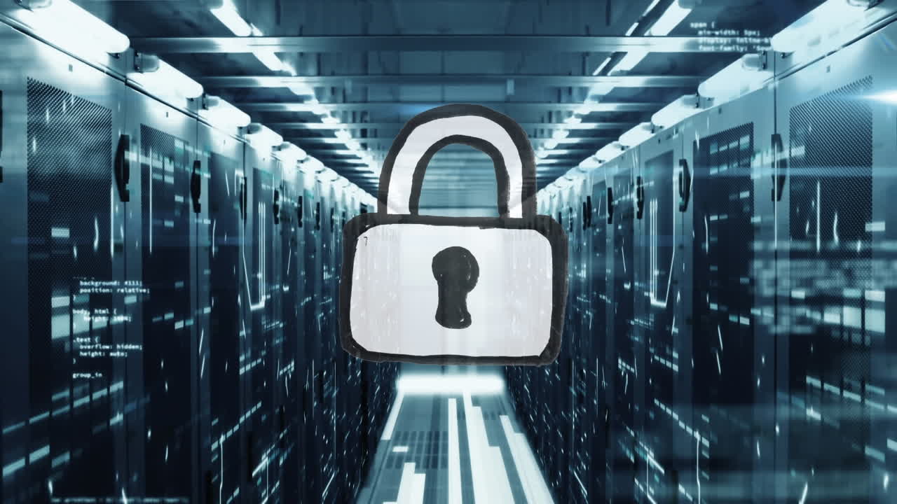 Animation of data processing and padlock icon over server room