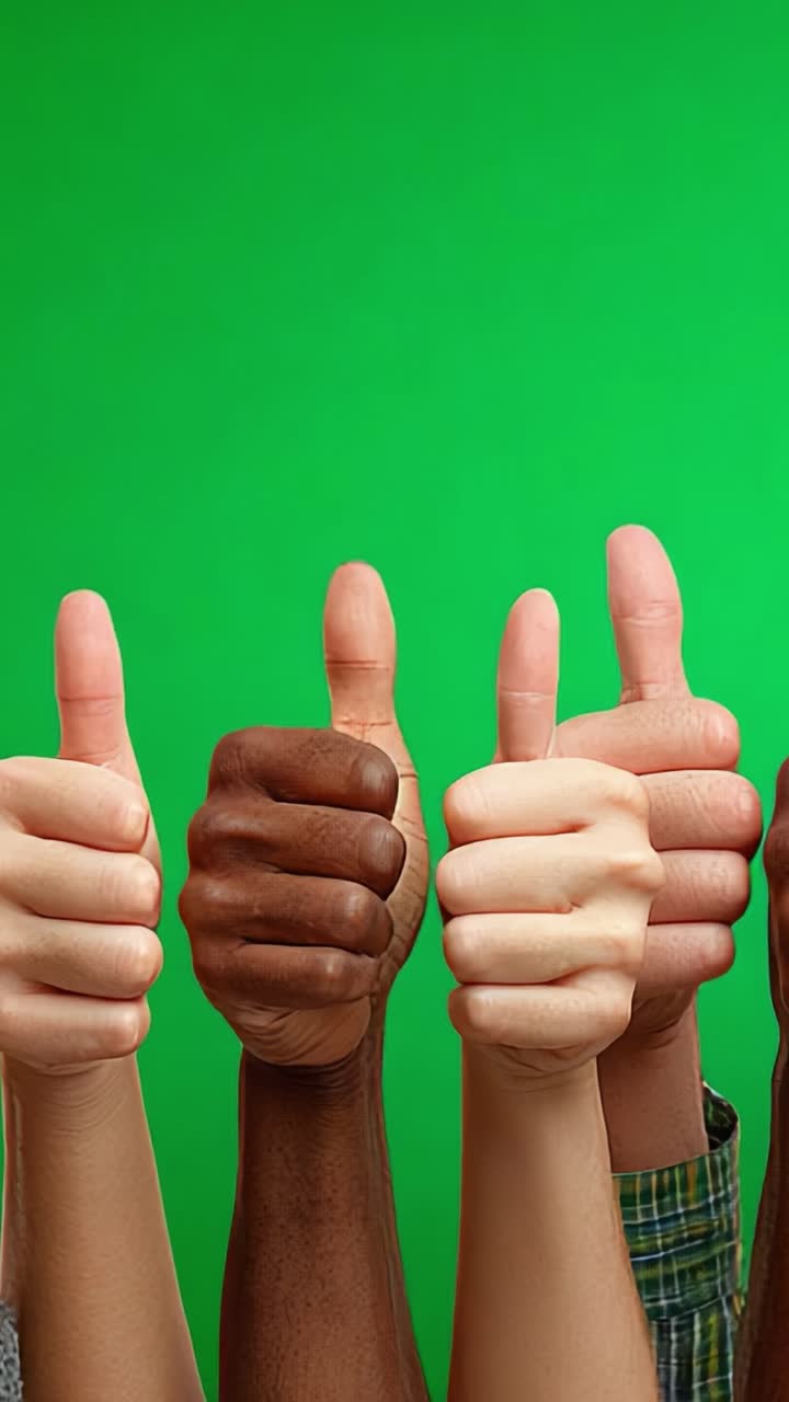A Vibrant Display of Unity and Support: Thumbs Up Gesture Reflecting Positive Vibes and Encouragement Among Diverse Hands Against a Bright Green Background