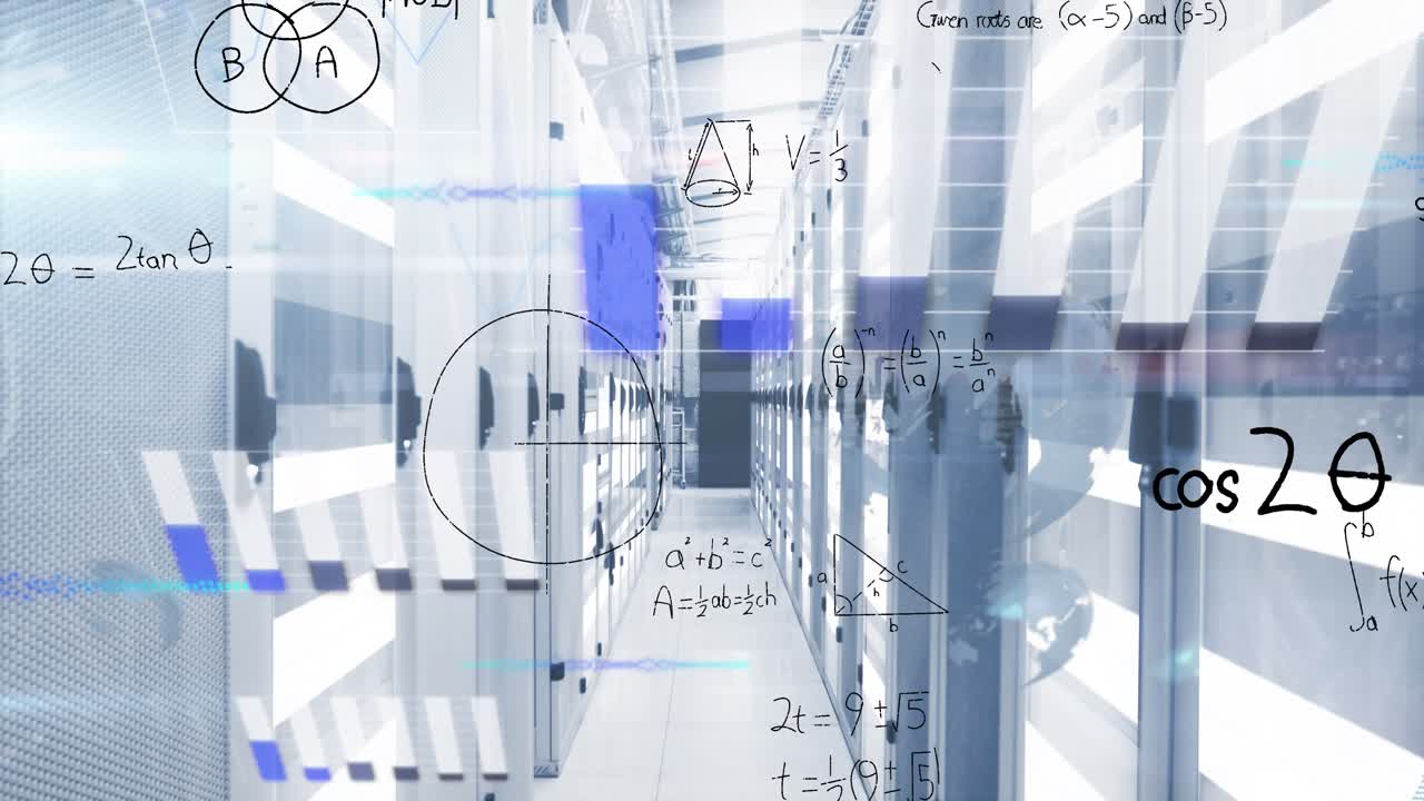 Animation of mathematical equations and data processing against empty computer server room