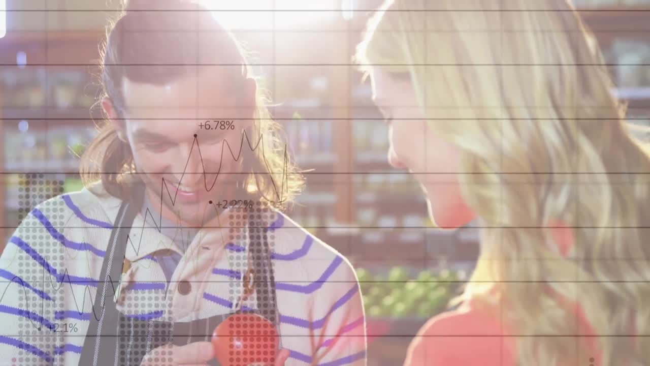 식료품 가게에서 행복한 백인 남성 판매자와 여성 고객에 대한 금융 그래프의 애니메이션