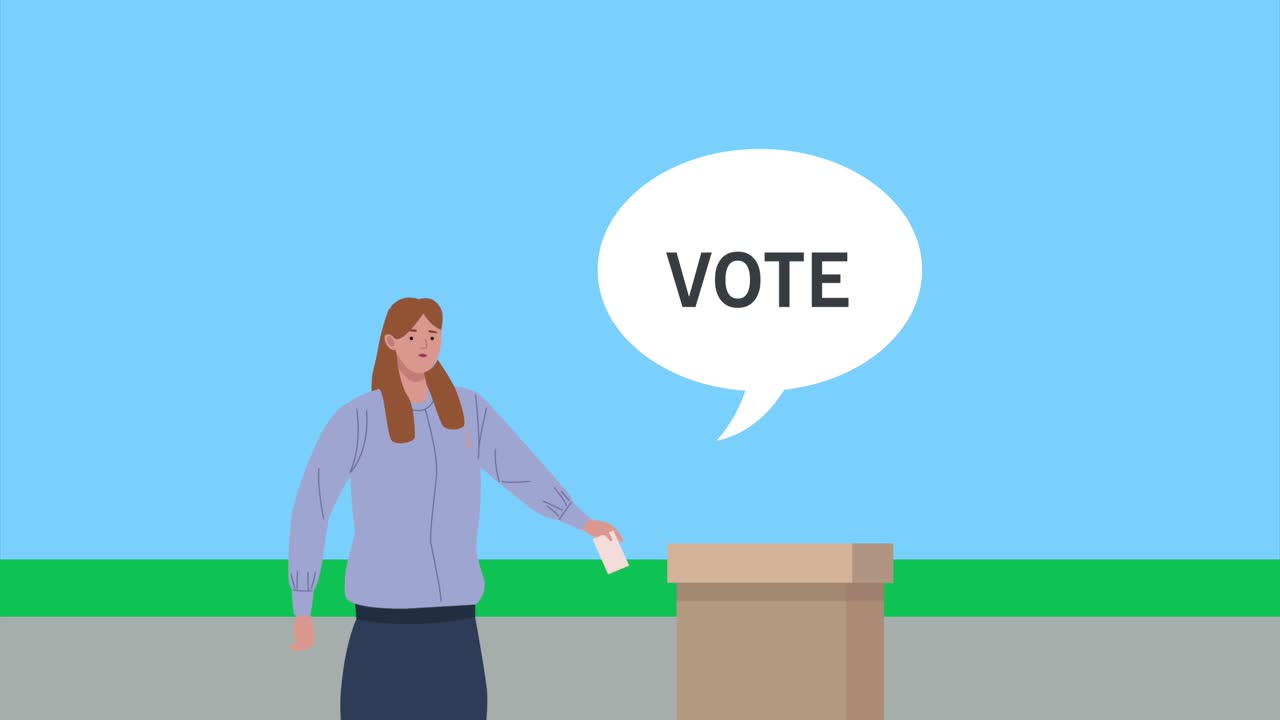 여성이 말하고 투표 상자를 가진 선거 날 애니메이션