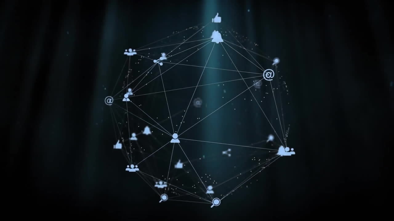 Animation of globe of connections with social media icons over light trails on black background