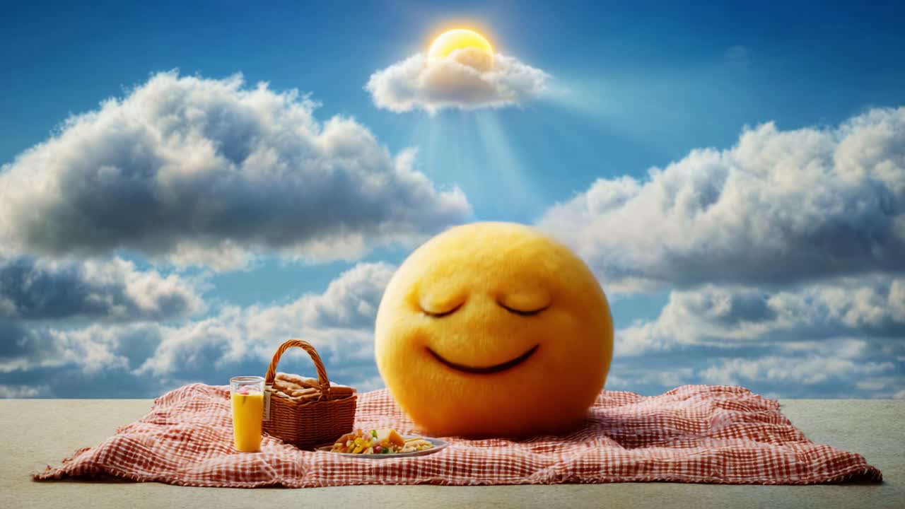 A Whimsical Sun Character Enjoys a Delightful Picnic Under a Bright Sky with Fluffy Clouds and a Radiant Sun Beaming Down, Creating a Cheerful Atmosphere of Joy and Happiness