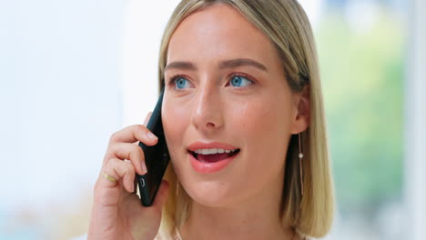 Phone-call-conversation,-face-and-woman-speaking