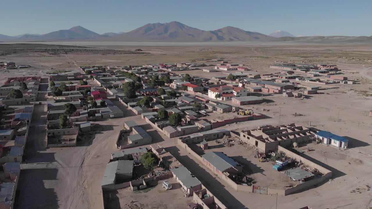 Sandy, flat Atacama Desert town aerial of remote San Juan, Bolivia