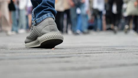 close up of feet and legs walking on a city street