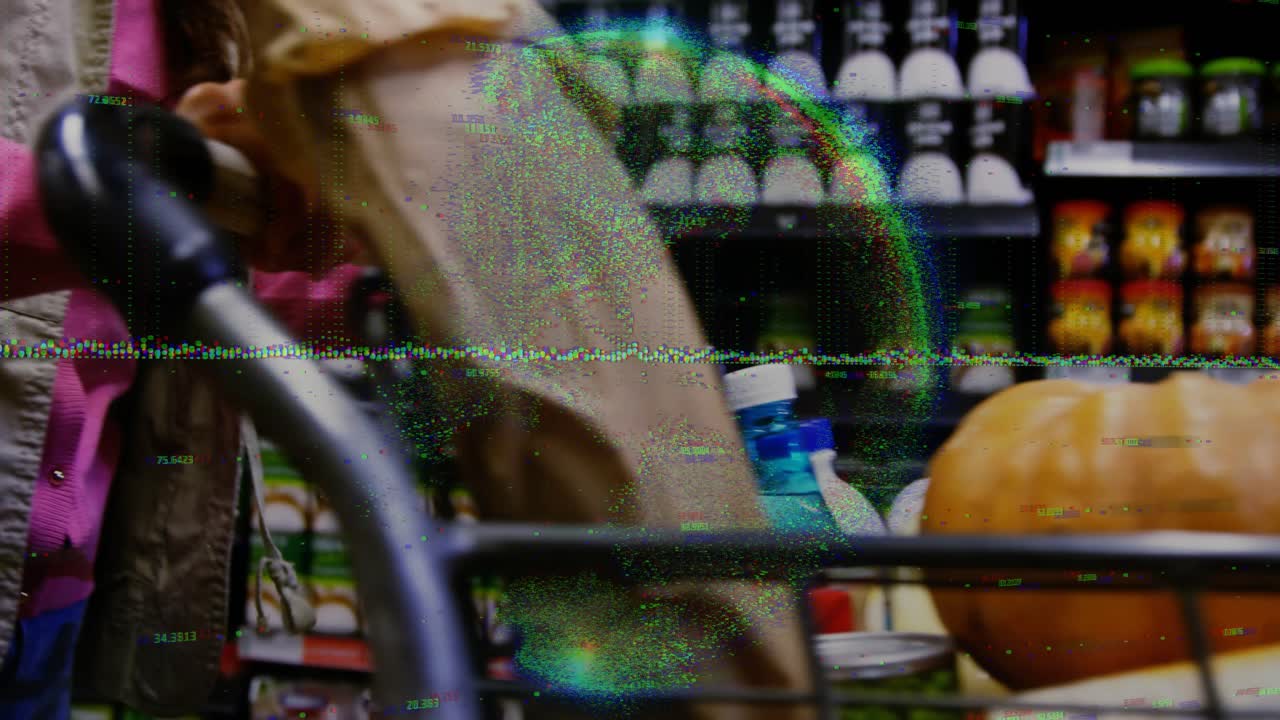 Female shopper pushing cart in grocery aisle, reaching into cart, adjusting peppers, adding product