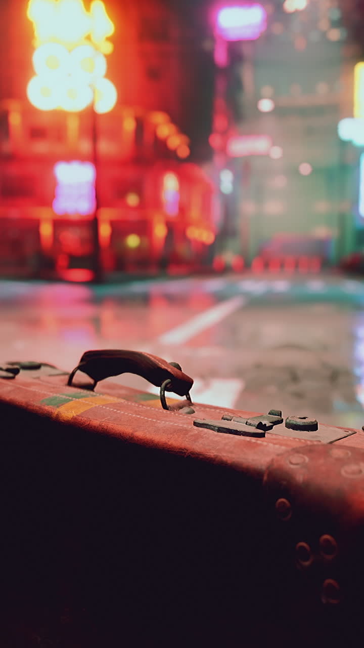 A lonely suitcase on a rainy night in a cyberpunk city