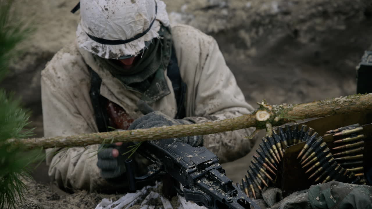 Soldier in a Trench with Machine Gun