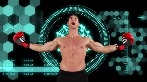 animación de escaneo de alcance y procesamiento de datos sobre boxeador caucásico masculino.