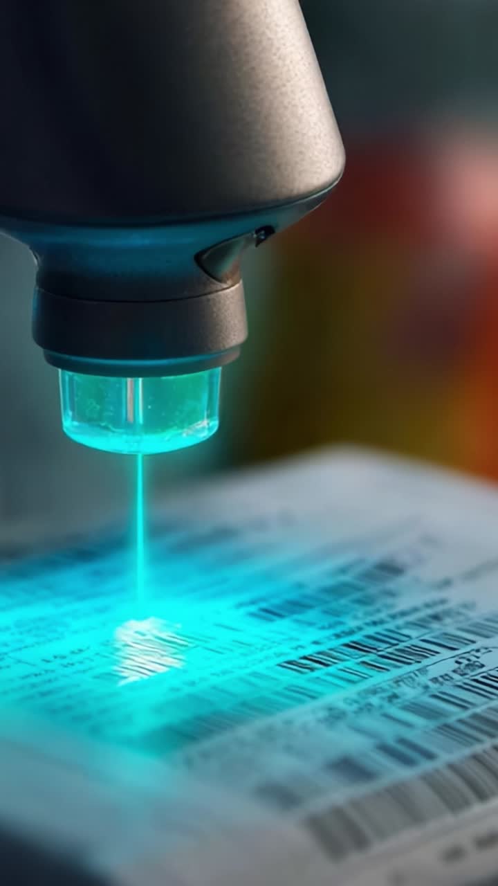 Illuminating Technology: Close-up of Advanced Scanner Radiating Blue Light Over Barcode with Details Revealed in a Deep Focus on Modern Scanning Process