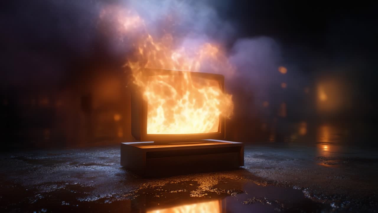 Eksplosiv brand fanget i fantastiske detaljer: En strålende ild bryder ud fra en tom skærm, der oplyser omgivelserne med flammende lys og æteriske røgeffekter