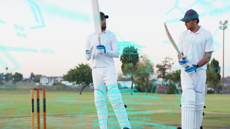 Due battitori che vanno verso la piega, sovrapposizione verde acqua che appare, si danno il cinque, si preparano a battere nel cricket