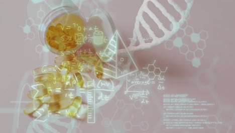 animation of dna strand and data processing over pills