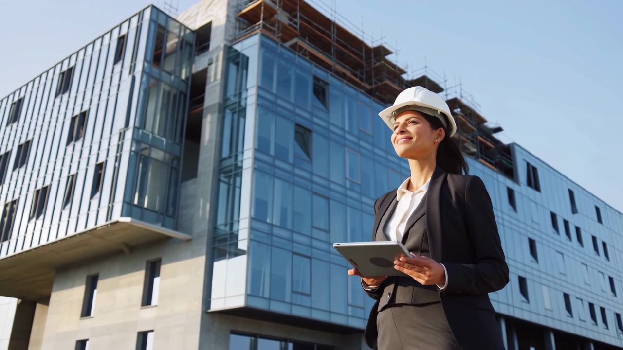 Una vista de ángulo bajo sigue a una mujer con un casco de seguridad blanco mientras lleva una tablet pasando un edificio contemporáneo, con líneas de fachada iluminadas por el sol y el cielo azul llenando el fondo