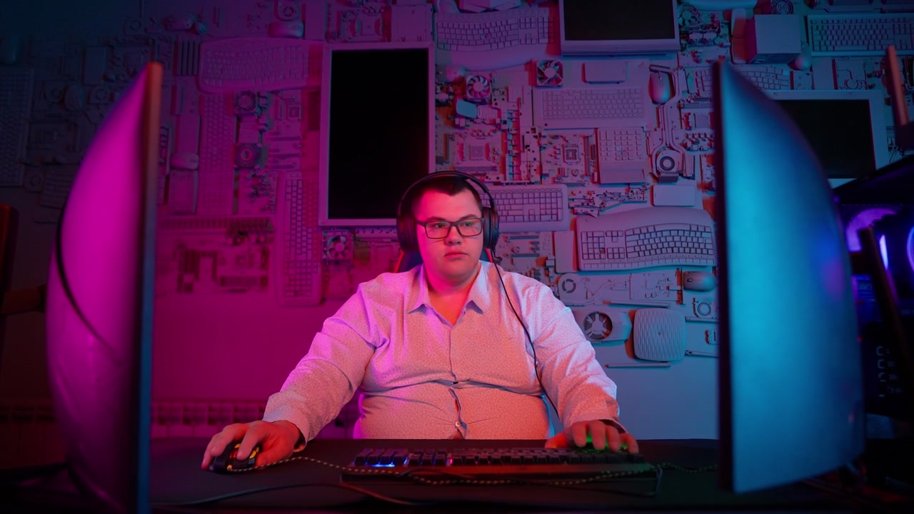 Fokussierter Gamer spielt Online-Videospiel in neonbeleuchtetem Raum