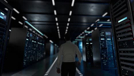 tecnologías futuras. el administrador está activando el servidor del centro de datos moderno con un holograma.
