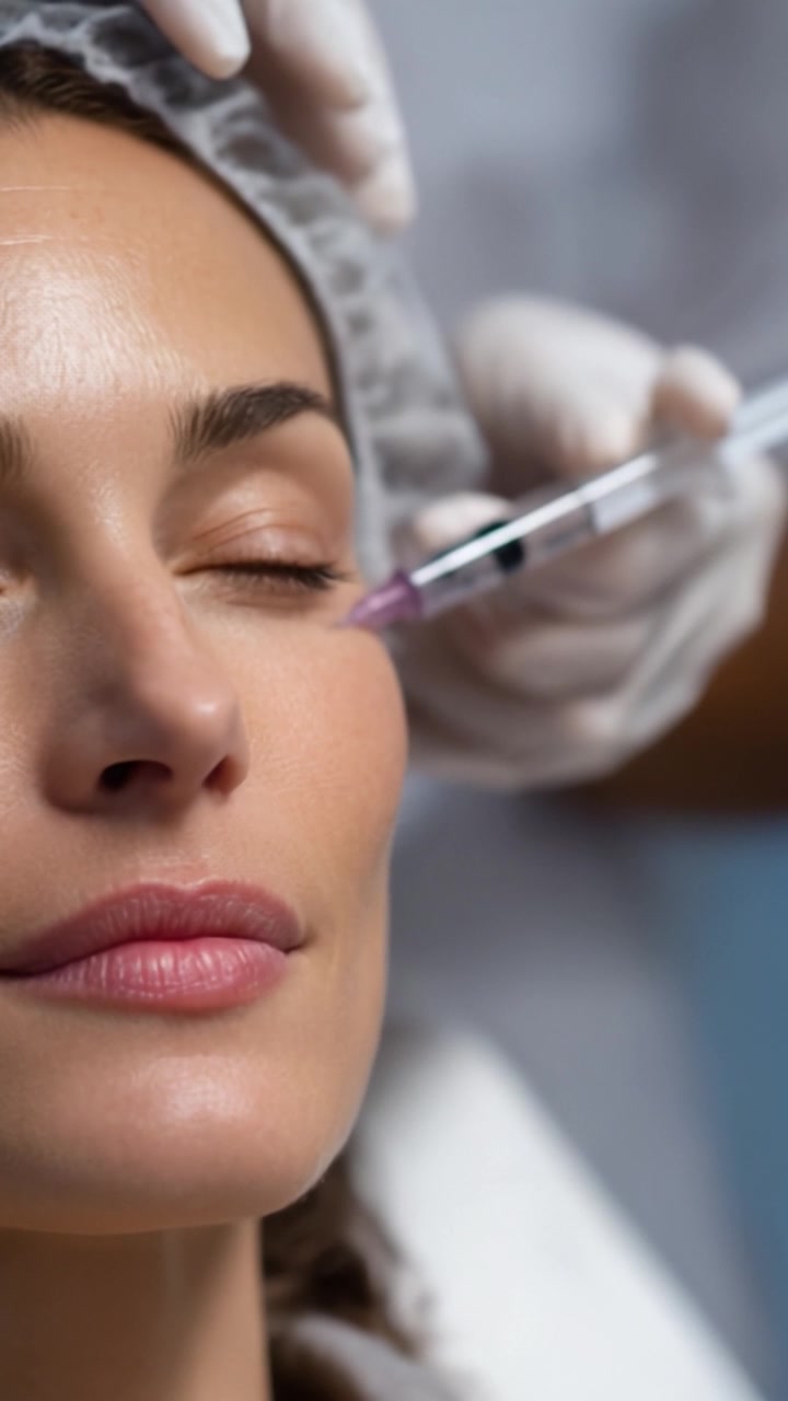 Processo di trattamento estetico con una donna serena che riceve un'iniezione facciale in un ambiente sanitario professionale, con focus sul ringiovanimento della pelle.