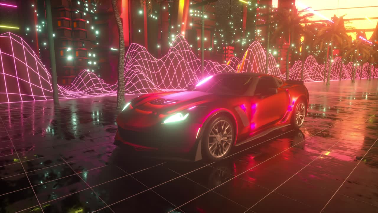 80 년대 레트로 배경 3d 애니메이션: 네온 도시를 통해 미래의 자동차 드라이브: 레트로 웨이브 vj 시엄리스 루프