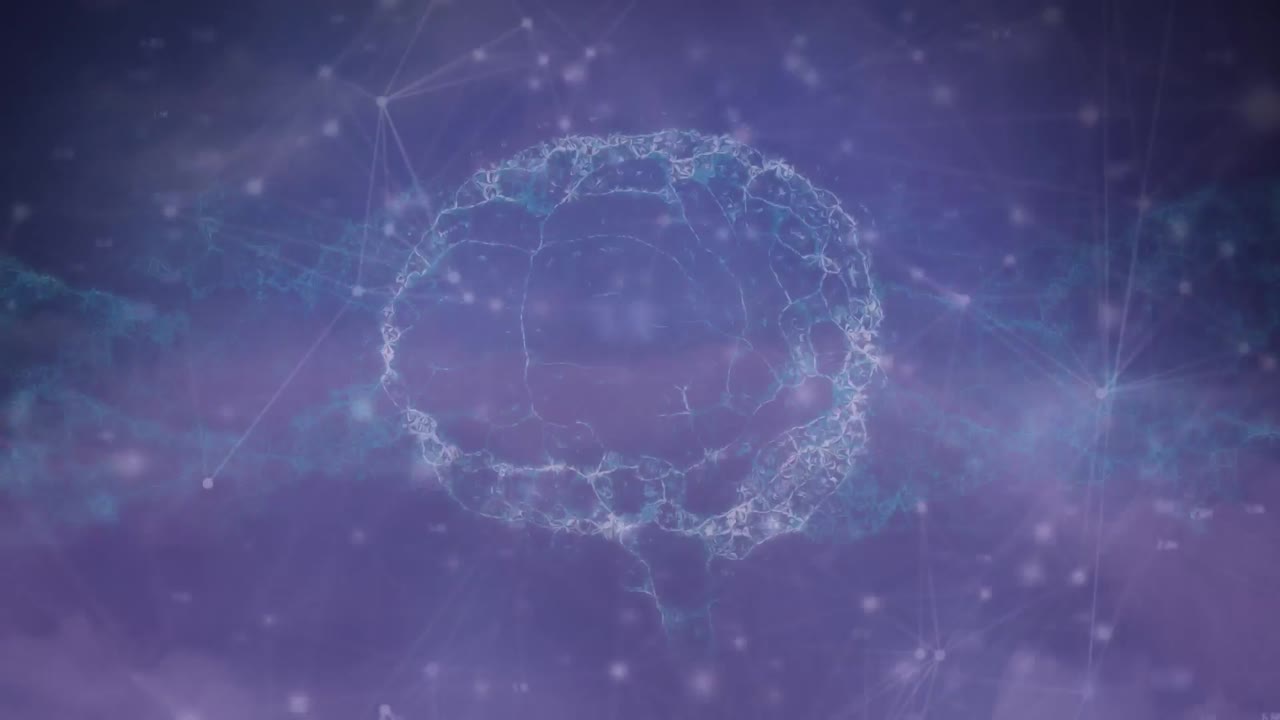 파란색 배경에 인간의 뇌가 회전하는 연결 네트워크의 애니메이션