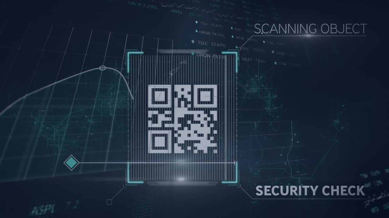 Animation of qr code, texts with multiple graphs and trading boards over black background
