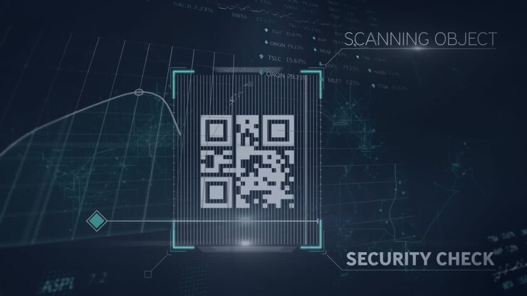 Animation of qr code, texts with multiple graphs and trading boards over black background