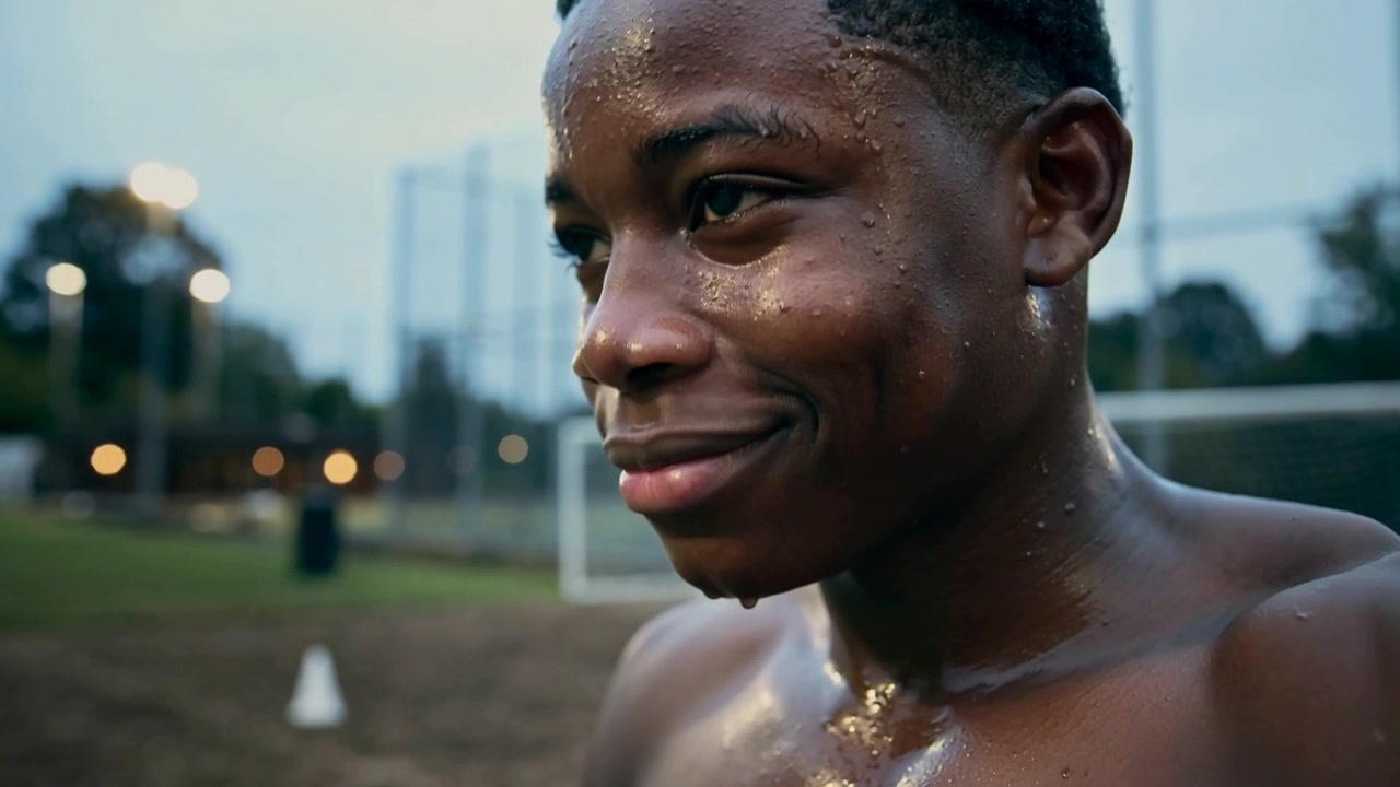 Wiping face, shirtless teen athlete lowering taped wrist after drill on twilight field, smiling