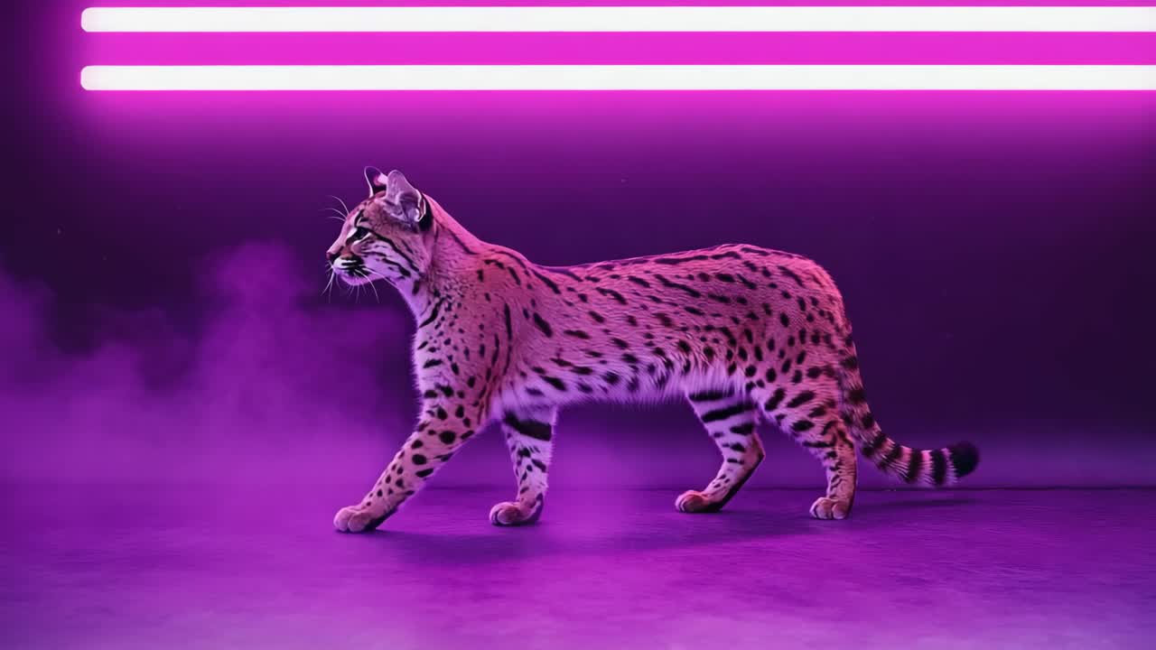 Serval Cat Walking Under Neon Lights