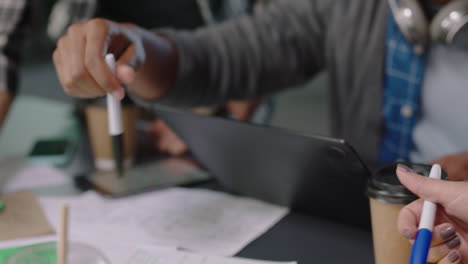 close up business people engineers developing software app web developers brainstorming solution planning design collaborating in office meeting